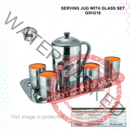 Stainless Steel Serving Jug With 4 Premium Glasses And Serving Tray
